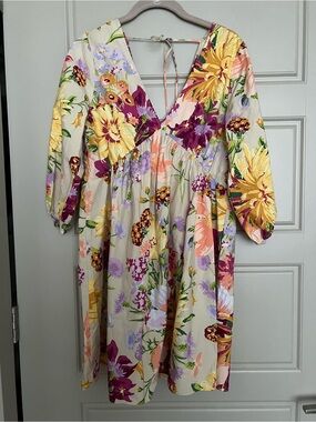 H&M Floral V-Neck Puff Sleeve Dress - Yellow, Purple, Cream XS summer